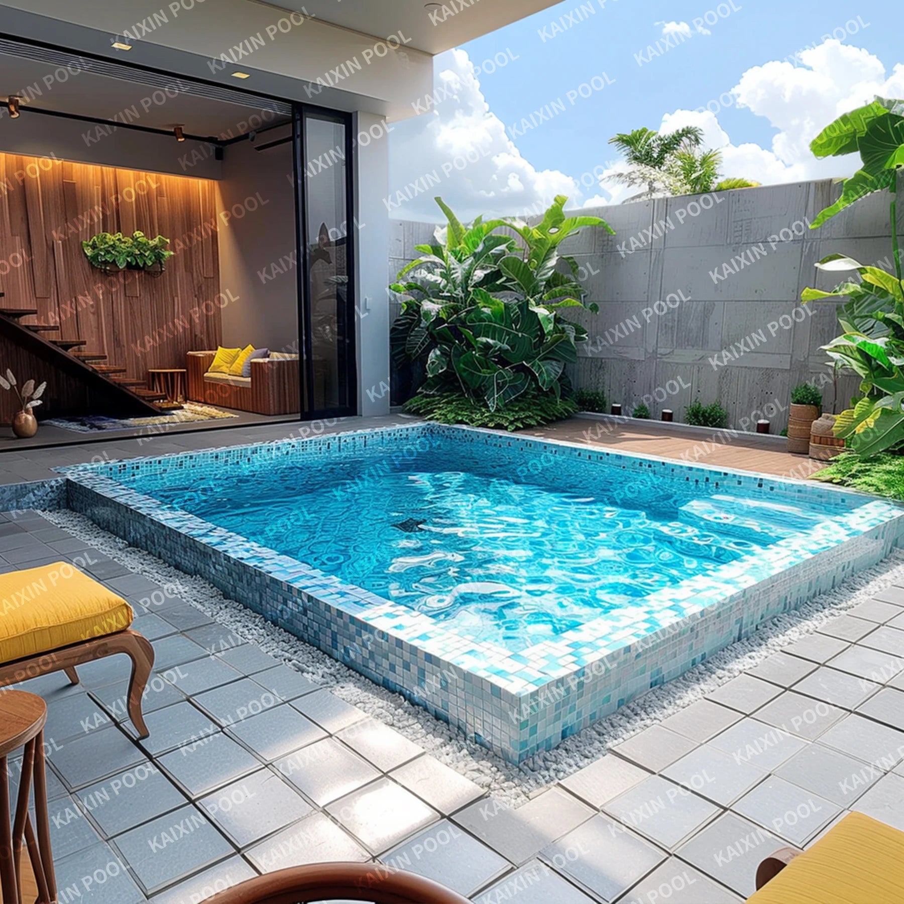 Custom Villa Hotel Luxury Family Swimming Pool 15ft Plunge Pool Outdoor Mosaic Tiles Fibreglass Swimming Pool with Spa Inground